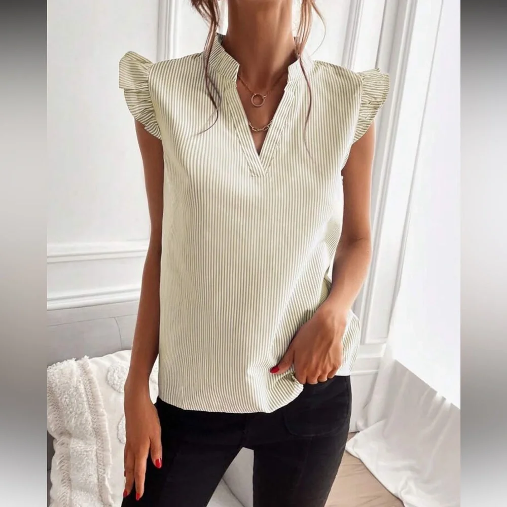 Khaki Striped Notched Neck Ruffle Sleeve Top_5